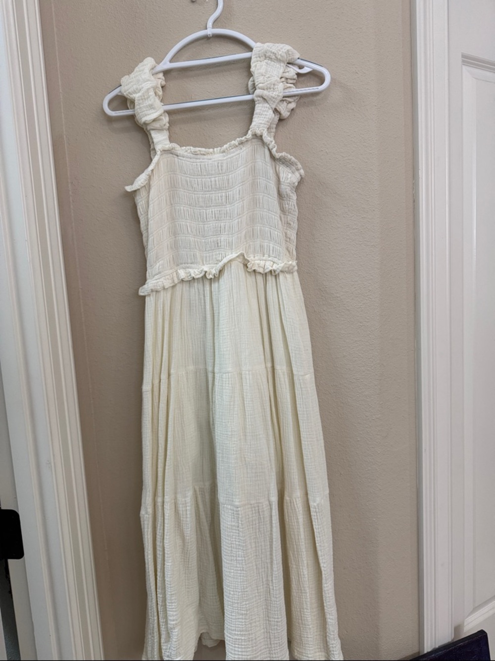 Cream Ruffled Midi Dress with Smocked Bodice